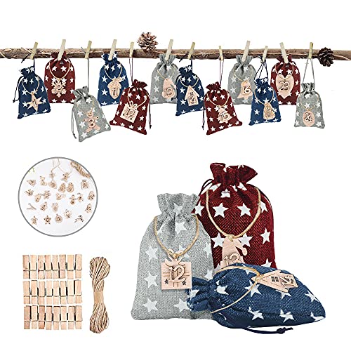 Christmas Advent Calendar 2021,24 Days Hanging Advent Calendars Drawstring Candy Gift Bag DIY Xmas Countdown Garland for Christmas Home Decor