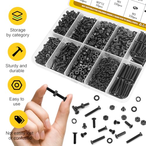 Image of 1320pcs M3 Countersunk Screws Assortment Kit, M3x4 /6 /8 /10 /12 /16 /20 mm Phillips Flat Head Bolts and Nut Assorted Set, Machine Screws Grade 8.8 Alloy Steel Black Zinc Plated