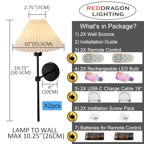 Image of Battery Cordless Fabric Wall Sconces Set of 2 with Remote, Vintage Rechargeable Mushroom Wall Sconces with Fabric Lampshade Picture Wall Light Fixture for Bathroom, Bedroom (2 Pack, Black)