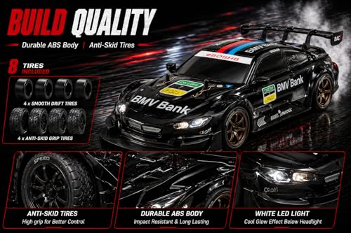 Image of BMW Style 1:16 or 1 16 RC Drift Car, 2.4GHz Remote Control Racing Car, 4WD High Speed with LED Lights, Proportional Throttle, Extra Drift Wheels for Kids (Black)