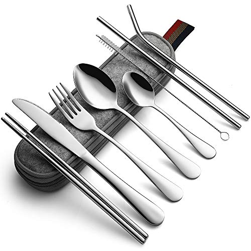 Veedv Reusable Utensils with Case, 9-Piece Portable Travel Camping Silverware Set, Stainless Steel