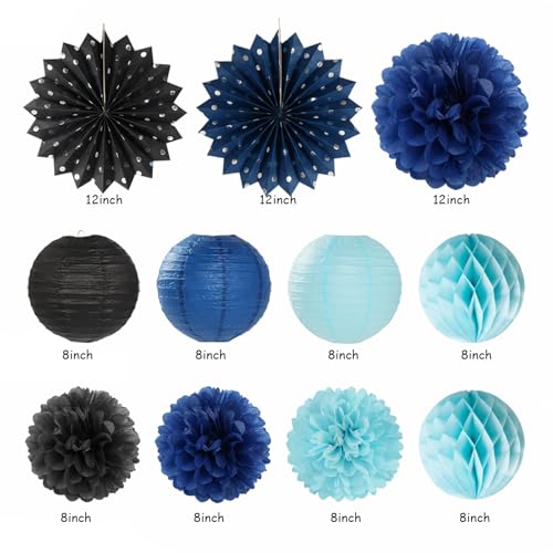 Image of Light-Royal Navy-Blue Black Birthday Party-decorations - 21pcs Boys Men Happy Banner,Paper Streamers Lanterns Honeycomb,Tissue Pom Poms Fan,Adult Supplies Decor 16th 20th 40th 45th 50th 60th Huglony