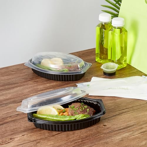 Image of Restaurantware-RW Base 16 Ounce Meal Prep Containers, 100 Microwavable To Go Containers With Lids - Disposable, Freezable, Black Plastic Oval Food Containers, Pack Hot And Cold Food, For Takeaway