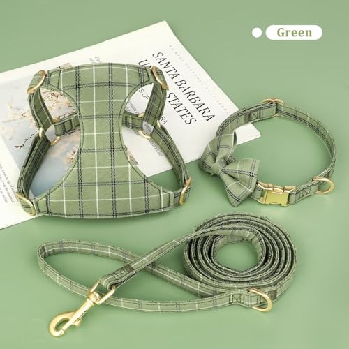 Beirui Cute Extra Small Dog Harness Collar and Leash Set with Bowtie, Soft Adjustable Plaid Puppy Harness for Small Sized Dogs Cats Walks Parties and Photoshoots(Green,XS:Chest 13-18") - Image 3