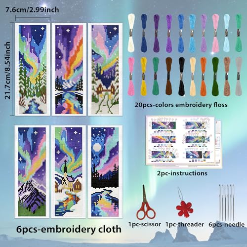 Image of ACRNIGHEET 6PCS Cross Stitch Kits Stamped Cross Stitch Bookmark Kit for Beginner Adults Colorful Aurora Embroidery Bookmark Kit Needlepoint Kits with Instructions Book Lovers Craft Gift 8.5''x3'' 11CT