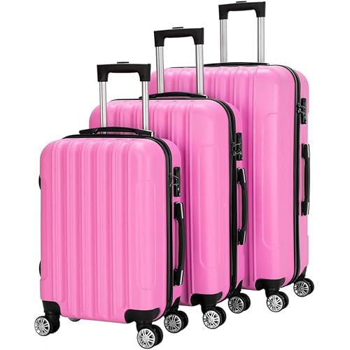 Karl home Luggage Set of 3 Hardside Carry on Suitcase Sets with Spinner Wheels & TSA lock, Portable Lightweight ABS Luggages for Travel, Business - Pink (20/24/28)