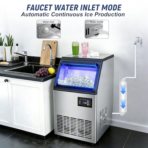 Image of 100LBS /24H Commercial Spray Ice Maker, 25LBS Storage Bin, Stainless Steel Ice Machine with Automatic Cleaning, Freestanding Undercounter Ice Maker for Restaurant Bar Home