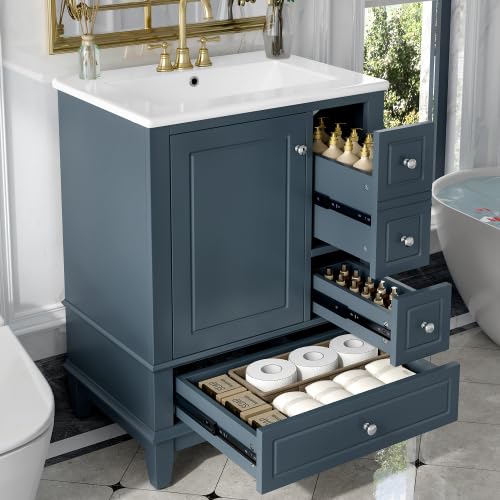 Image of Bellemave Bathroom Vanity with Ceramic Sink & 3 Drawers, 24 inch Bathroom Cabinet with Storage Shelves & Solid Wood Base, Freestanding Vanity Cabinet with Organizer (Blue Gray /24)