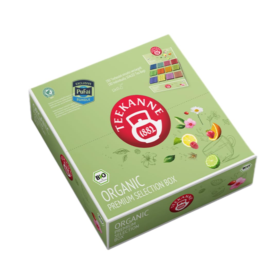 PUFAI Bundle – Teekanne Tee Premium Selection Box – 12 Sorten | 180 Teebeutel | Kräuter-, Frucht- & Schwarztee Mischung – 354 g