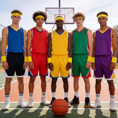 Image of Bememo 36 Pcs Neon Sweatbands Set Soccer Party Favors Cotton Headbands Wristband Sweat Bands Soccer Mom Essentials for Football Fans Sporting Events 80 90s Glow Party