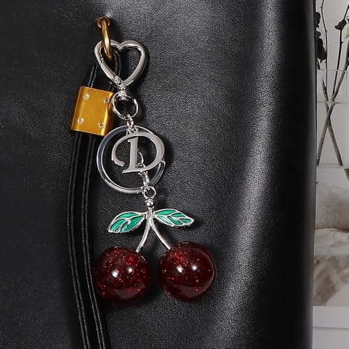 Heart-Shaped Keychain with Initial A-Z and Cherry Charm Bag Charms for Women,Car Accessories