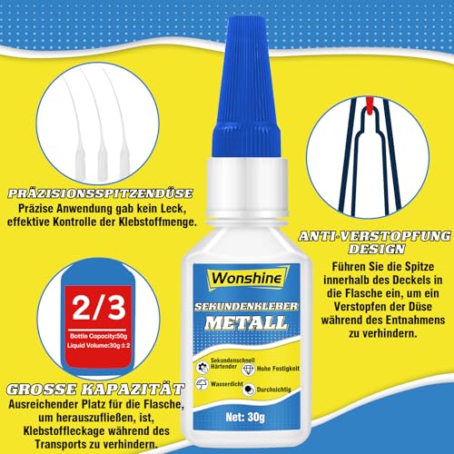 Sekundenkleber für Metall, Metallkleber Extra Stark, Wasserfester und Hitzebeständiger, mit Anti-Trocknungsspitze, für Stahl, Zink, Aluminium und mehr, 30 g