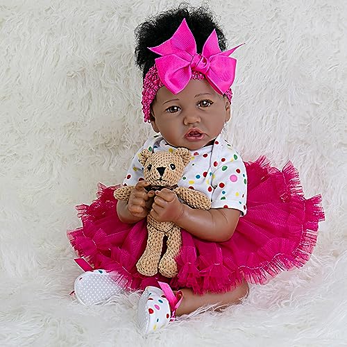 EKOKIZ Reborn Baby Dolls Girl-20- Inch Soft Skin Realistic Baby Doll Cloth Body African American Realistic Girl Doll Newborn Baby Girl That Look Real Fake Baby Dolls Best Toy for Kids Age 3+