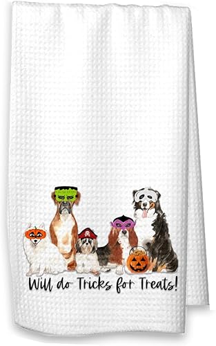 Studio 9Thirty3 Funny Dogs Halloween Kitchen Towel, Will Do Tricks for Treats, Dogs with Masks, Halloween Decor