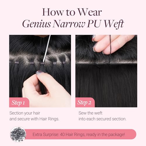 Image of GOO GOO Genius Narrow Edge PU Weft Hair Extensions Human Hair, Invisible Sew in Hair Extensions Human Hair, 1B Natural Black 22 Inch 120g, Seamless Soft Lightweight