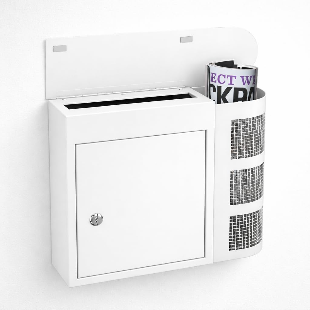58740 Modern Mailbox Magazine Newspaper Holder, Rust & Weather Proof Steel Design, Vertical Wall Mount - White-image-23