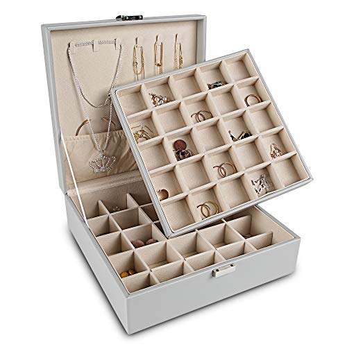 Frebeauty Earring Organizer Classic Jewelry Box 50 Slots Double Layer Jewelry Storage Case with 6 Necklace Hook and Bracelet Pocket (Grey)