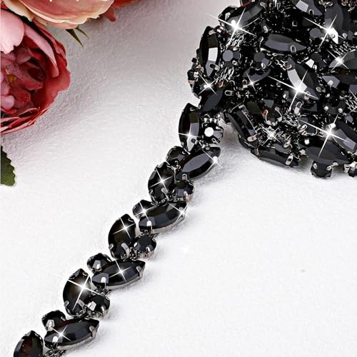 BBTO Rhinestone Chain Trim Applique Embellishment Crystal Wedding Bridal Costume Flower Leaf Chain Sewing Bling Trim for Jewelry DIY Necklace Bags Parties (3 Yards Black)