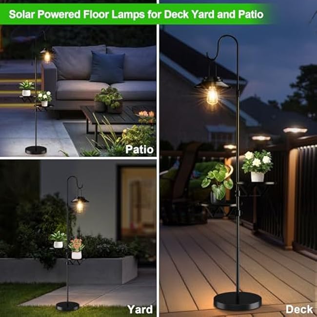 60 Solar Light with Plant Stands, Outdoor Floor Lamp, Waterproof Metal Hanging Solar Lantern for Patio Deck Porch Yard Garden Decor