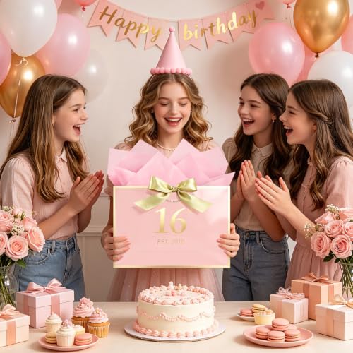 Image of JMANNI Birthday Gift Bag with Card and Tissue Paper for Men Women Him, Elegant Pink Gold Anniversary Keepsake Party Present Shopping Paper Bags for Gifts Wrapping Pink / 13 inch Large /EST.2010 16th