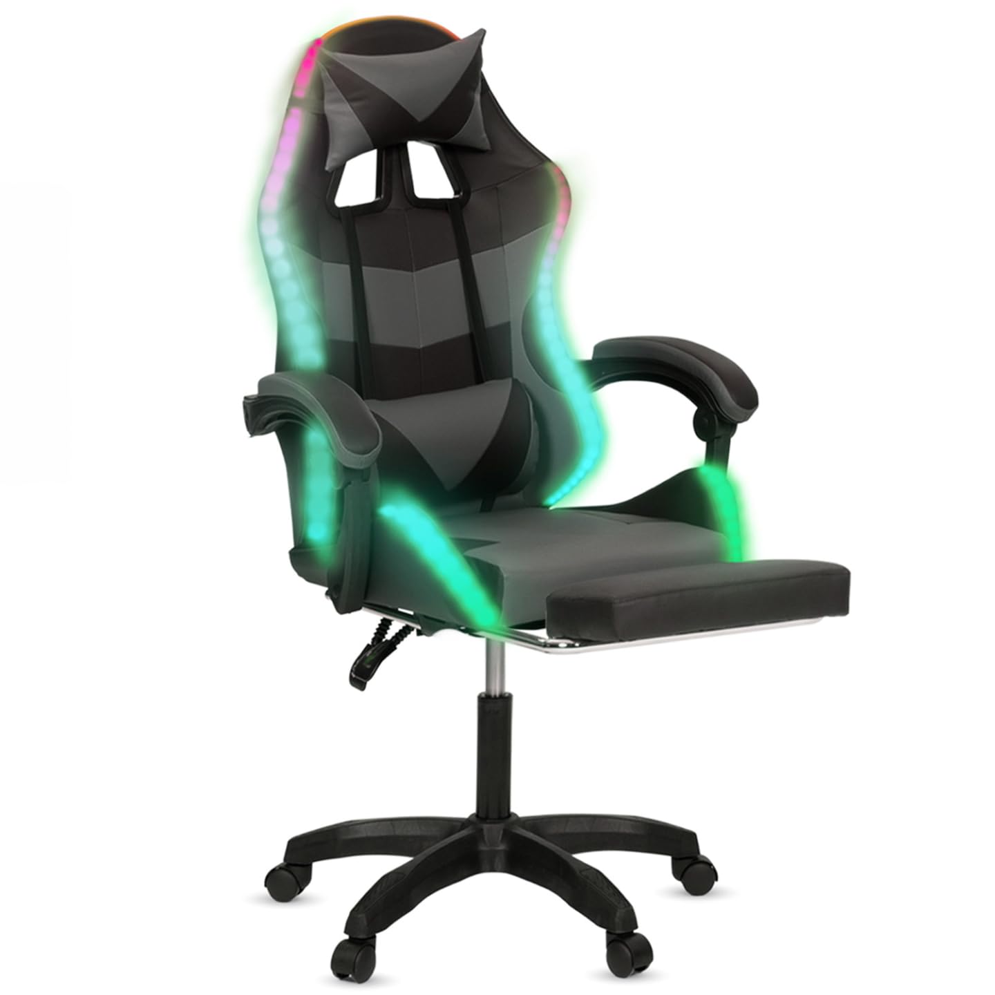 IDMarket - Silla de Gaming LED LUC con Reposapiés, Respaldo Lumbar y CojÃn para la Cabeza Negro y Gris