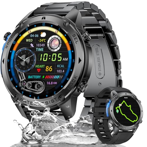 LIGE DM2-1.43''Reloj Inteligente Hombre con GPS/Brújula/Barómetro Presión/Altímetro, 170+ Modos Deportivos, 5 ATM Impermeable, Smartwatch Hombres con Frecuencia Cardíaca, SpO2, Azul-Negro