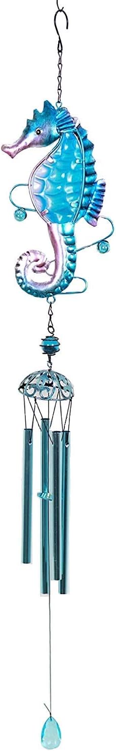 Comfy Hour 35" Seahorse Wind Chime, Blue Metal Art Decorative Hanging Windbell for Coastal Garden, Artisan Crafted Ocean Theme Decor for Beach House & Patio, 1 Piece
