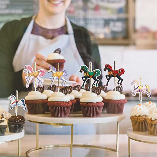 Mefeng Carousel Horses Cupcake Toppers-Horse For Fairy Tale Theme Little Girl Cake Decor For Baby Shower Or Birthday Party Decorations- Valentine's Day Wedding Gift Classic Kids Girls Gift Toy.18Pcs #TOP3