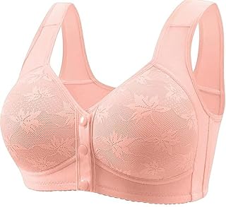 Daisy Lace Bras for Women Front Closure No Underwire Comfort Senior Wireless Snap Closing Bra Pink 42C