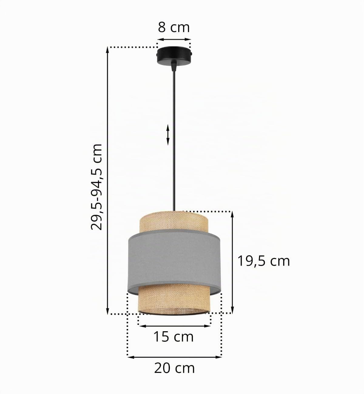 Light-Home Boho Lampara de Techo Colgante - Lampara de Techo Modernas para Salón Dormitorio y Cocina - de Metal con Pantalla de tela - E27-1 Luce - Gris y Yute