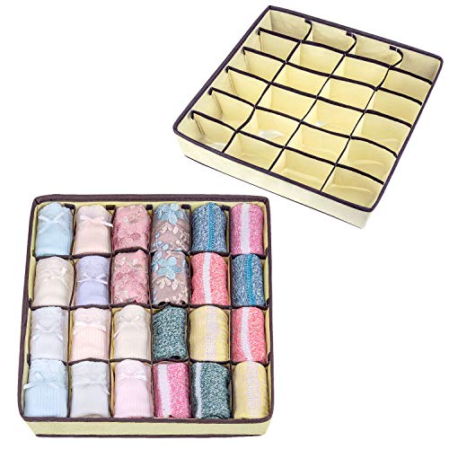 2 Pack Socks Drawer Closet Organizer-24 Cell Collapsible Dividers Storage Boxes For Storing, Towels, Ties (Beige)