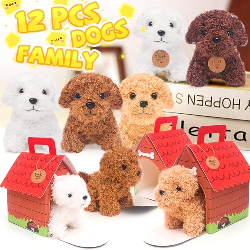 HAPGFS 12 Pcs Mini Plush Puppy Stuffed Dogs with Keychain, Adopt A Pet Dog Party Favors Goodie Bags, Animals Bulk Gift Toys with Carton Dog House for Birthday Party Supplies - Thumbnail 4