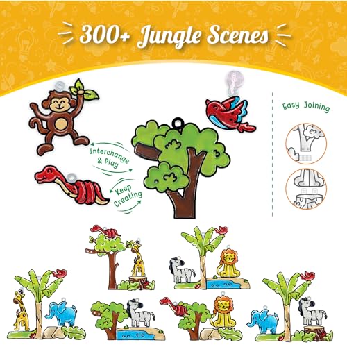 Image of Imagimake Window Art Jungle | Low Mess Suncatcher Kit | 16 Pieces Glass Painting Set | Kids Activities Ages 5-8 | DIY Craft Kit | Birthday Gift for Boys & Girls Ages 5,6,7,8,9,10,12 Years Old
