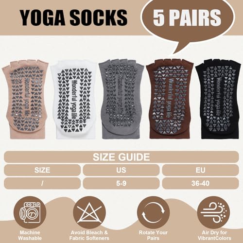 Jeyiour 5 Pairs Toeless Yoga Socks with Grips Non Slip Pilates Yoga Open Toe Pedicure Split Toe Socks for Women2