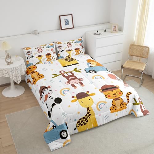 Image of Feelyou Rainbow Giraffe Comforter for Kids Full Size Tiger Monkey Comforter Set Boys Girls Cartoon Rainbow Comforter Kawaii Duvet Insert Bed Set 3Pcs