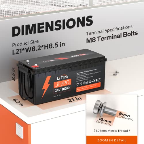 Litime 24V 100Ah LiFePO4 Lithium Battery, 4000+ Deep Cycle, Built-in 100A BMS for RV, Trolling Motor, Marine, Solar, Off-Grid - Thumbnail 2