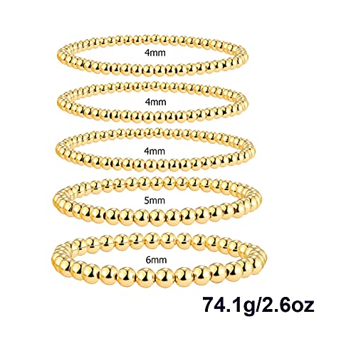 Humano Gold Beaded Bracelets for Women, 18K Gold Plated Bead Ball Layered Bracelets Set Copper Beads Stackable Elastic Stretch Gold Bracelets Fashion Beaded Jewelry (4+4+4+5+6mm) - Image 6