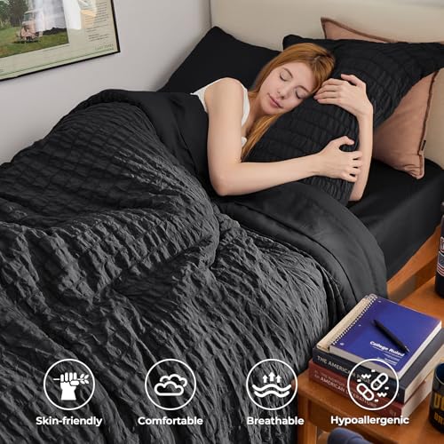 Image of HYMOKEGE Black Twin Comforter Set Seersucker 5 Pieces, All Season Luxury Bed in a Bag for Bedroom, Bedding Set with Comforters, Sheets, Pillowcase & Sham