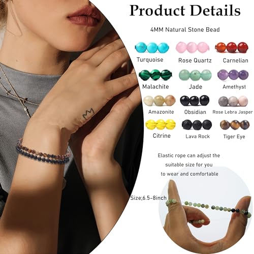 SONNYX 12PCS Natural Stone Bracelets for Women Men 4mm Crystal Bracelets Semi-Precious Gemstone Beaded Bracelets Round Beads Stretch Bracelet Jewelry4