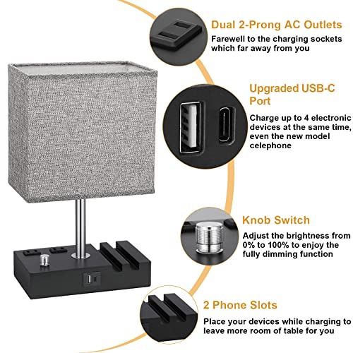 Kakanuo Fully Dimmable Nightstand Lamp For Bedroom With Usb C Ports, Grey Small Bedside Table Lamp With Charging Outlets And Phone Stands thumb #4