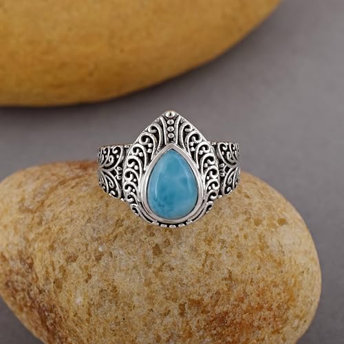 Bague larimar cabochon poire bague déclaration argent 925 taille 54 - 2