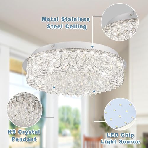 Image of Modern Crystal Ceiling Light | 63W LED Chandelier /Jhoomer | Stainless Steel Pendant Lighting Fixture | 13 Inch | Warm White | Living Room, Hall, Bedroom & Dining Room