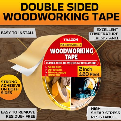 Image of Trazon Double Sided Woodworking Tape Super Strong, 2 Inch x 120 Feet, Wood Crafter Sticky Tool, Two Side Adhesive for Router Templates and CNC Machine, Removable & Residue Free