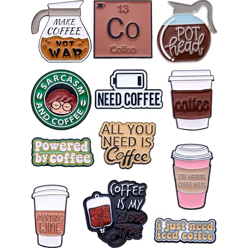Coffee-Themed Enamel Pins Set – Funny Coffee Lover Pins for Backpacks, Jackets, Hats, Gifts – Collectible Metal Lapel Pins for Coffee Enthusiasts, Students, Office Workers – 12-Pack