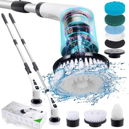 Image of Electric Spin Scrubber, Cordless Spin Scrubber, with Replacement Brush Heads, Bathroom Scrubber Dual Speed, Adjustable Extension Handle, Power Cleaning Brush for Bathroom Floor Tile