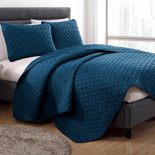 Image of Story@Home Quilted Bedspread for King Size Bed | 400 TC Bedcovers for King Size | Bed Cover | Quilted Bedsheet with 2 Pillow Cases | 250x225 CM 100% Cotton Ultrasonic Quilting - Dark Blue
