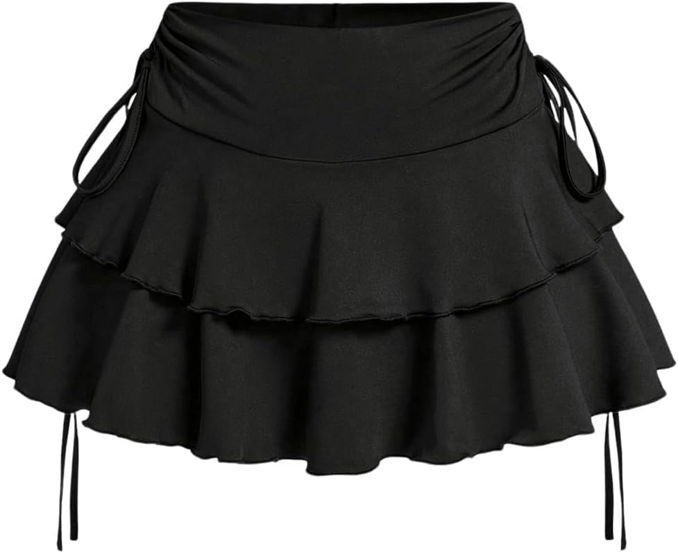 Women's Y2k Mini Ruffle Skirts with Shorts Tiered Layers Cute Elastic Waist Coquette Skort Drawstring Side Bow Tie