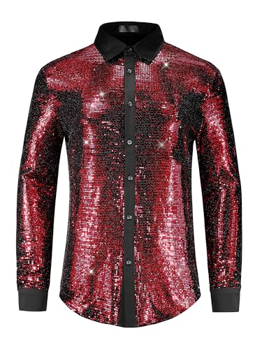 Lars Amadeus Sequin Shirts for Men's Long Sleeves Button Down Disco Party Metallic Shiny Shirts2