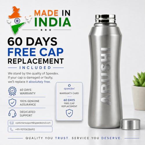 Image of Speedex Customised Stainless Steel Water Bottle 1 Ltr with Engraved Name - Personalised Screw Lid Bottle for Kids, Men & Women, School, Office, Gym, Silver, Set of 1