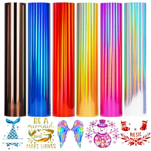 Image of Holographic HTV Heat Transfer Vinyl Metallic Holographic Vinyl Gold Iron HTV 6 Sheets 10 x 12inch Iron On Vinyl for T-Shirts DIY Design, Silhouette Cameo & Heat Press Machine